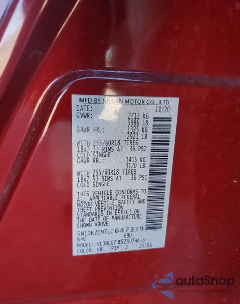 2020 Nissan Pathfinder Sl из США, поврежденный, VIN 5N1DR2CM7LC647379